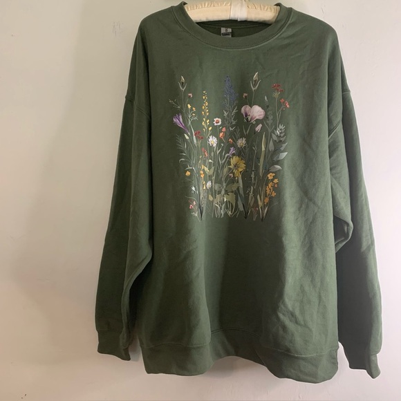 Gildan XL Olive Green Wildflower Graphic Sweatshirt Crew Neck Pullover - Picture 1 of 9